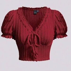 NWOT Burgundy knit crop top puffy sleeves
